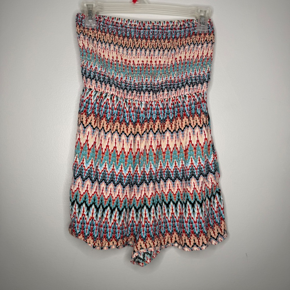 Y2k Wet Seal Romper Women Medium Multicolor Strapless Smocked Pockets Geometric